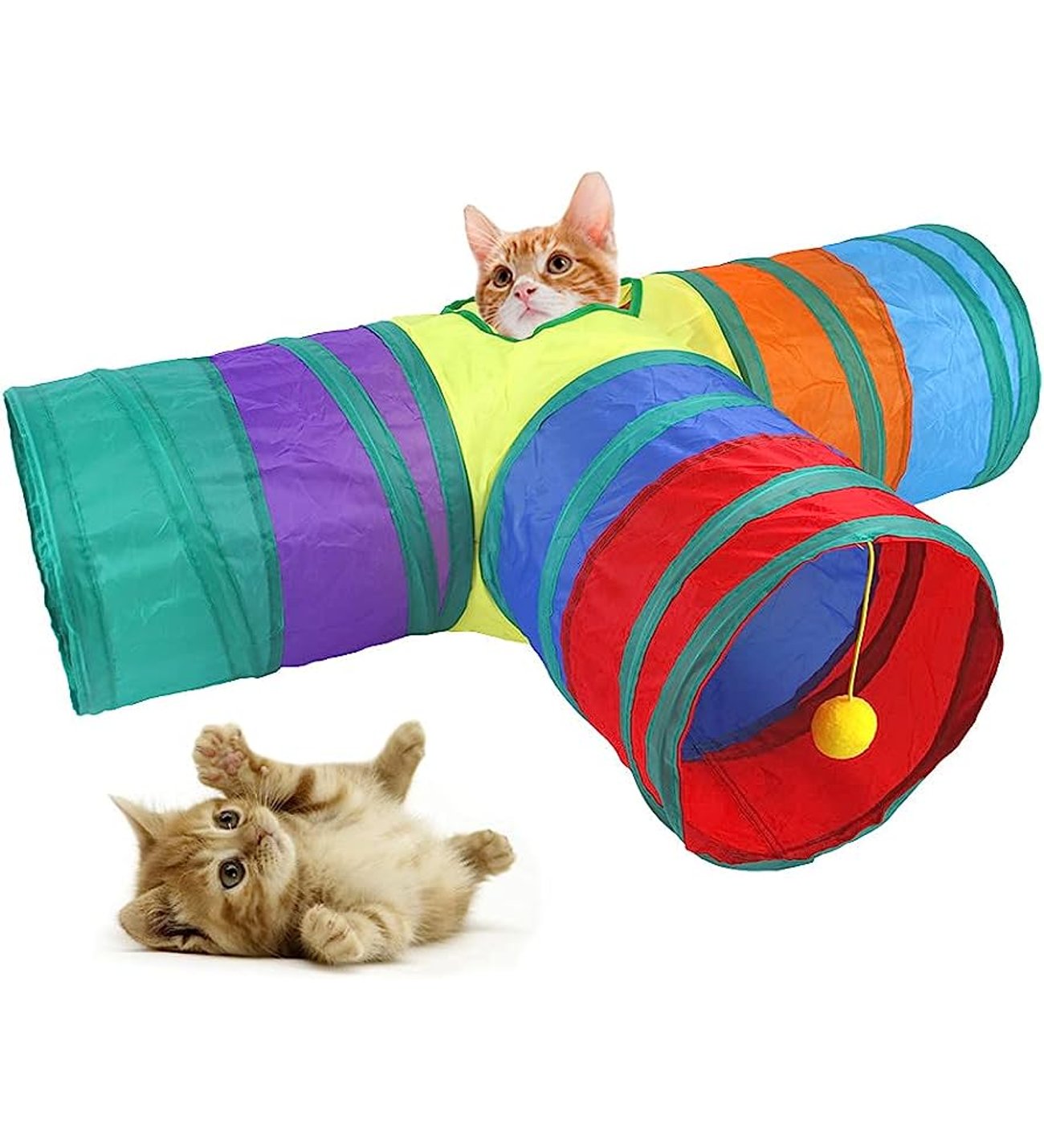 Lisinya205 Gökkuşağı Desenli T Model Kedi Oyun Tüneli, Katlanabilir 50 x 75 cm