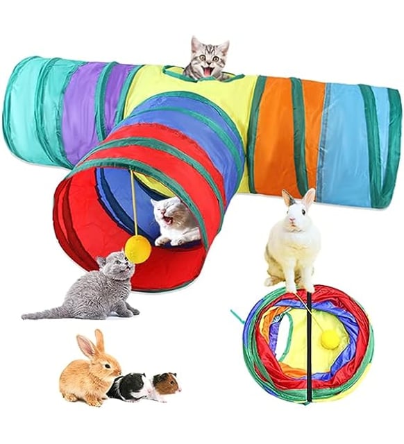 Lisinya205 Gökkuşağı Desenli T Model Kedi Oyun Tüneli, Katlanabilir 50 x 75 cm