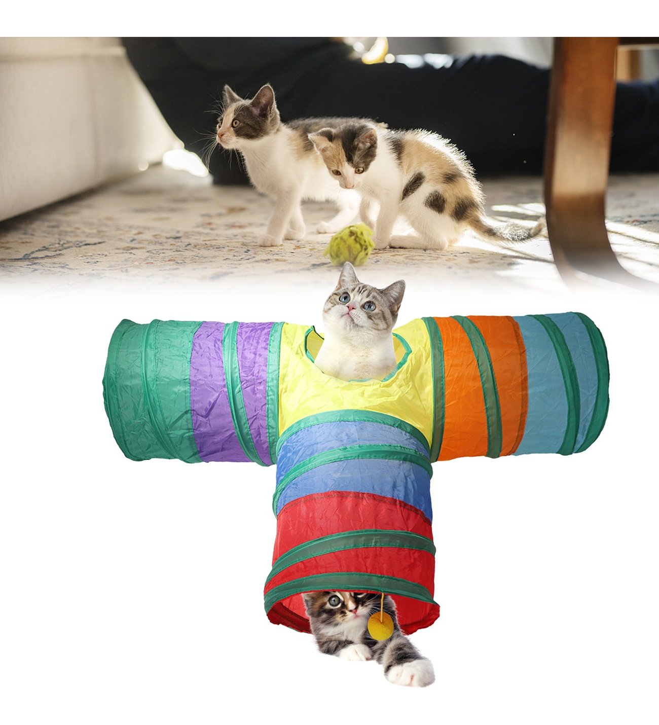 Lisinya205 Gökkuşağı Desenli T Model Kedi Oyun Tüneli, Katlanabilir 50 x 75 cm