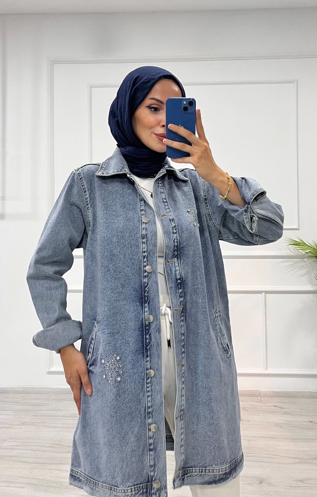 Taşlı tunik ceket kar yıkamalı mavi d2516 - Lisinya