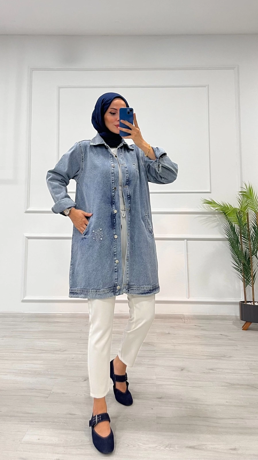 Taşlı tunik ceket kar yıkamalı mavi d2516 - Lisinya