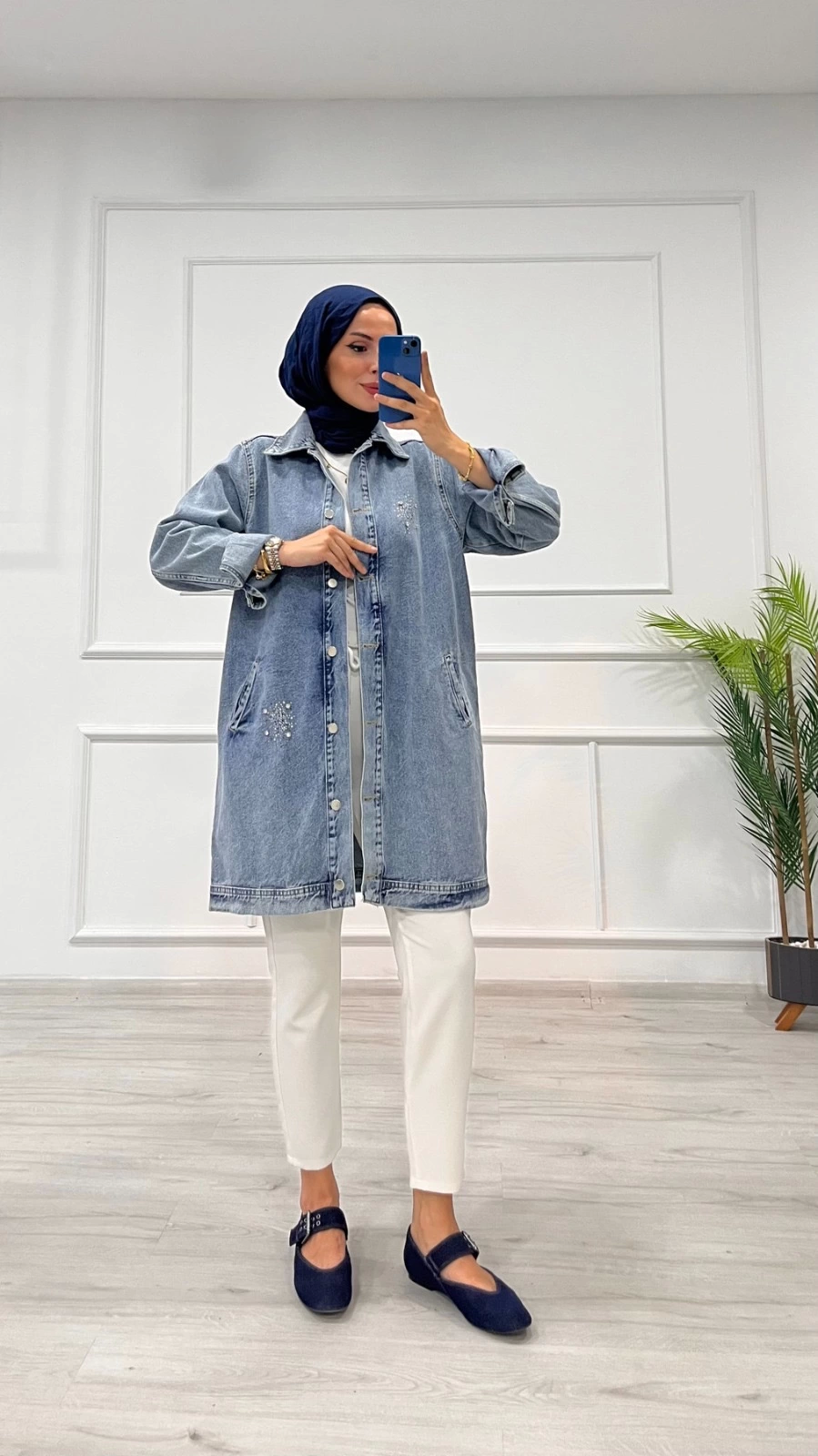 Taşlı tunik ceket kar yıkamalı mavi d2516 - Lisinya