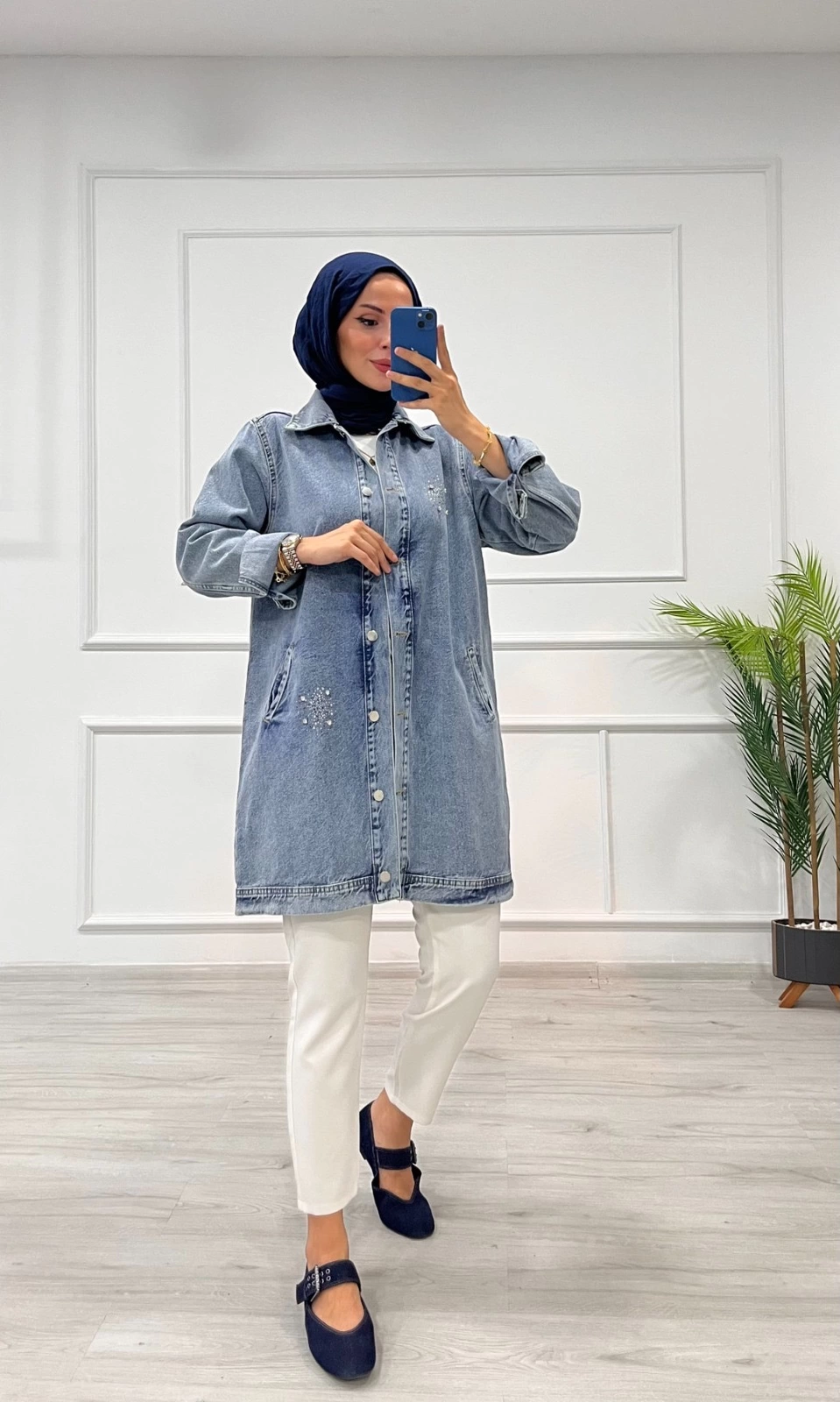 Taşlı tunik ceket kar yıkamalı mavi d2516 - Lisinya