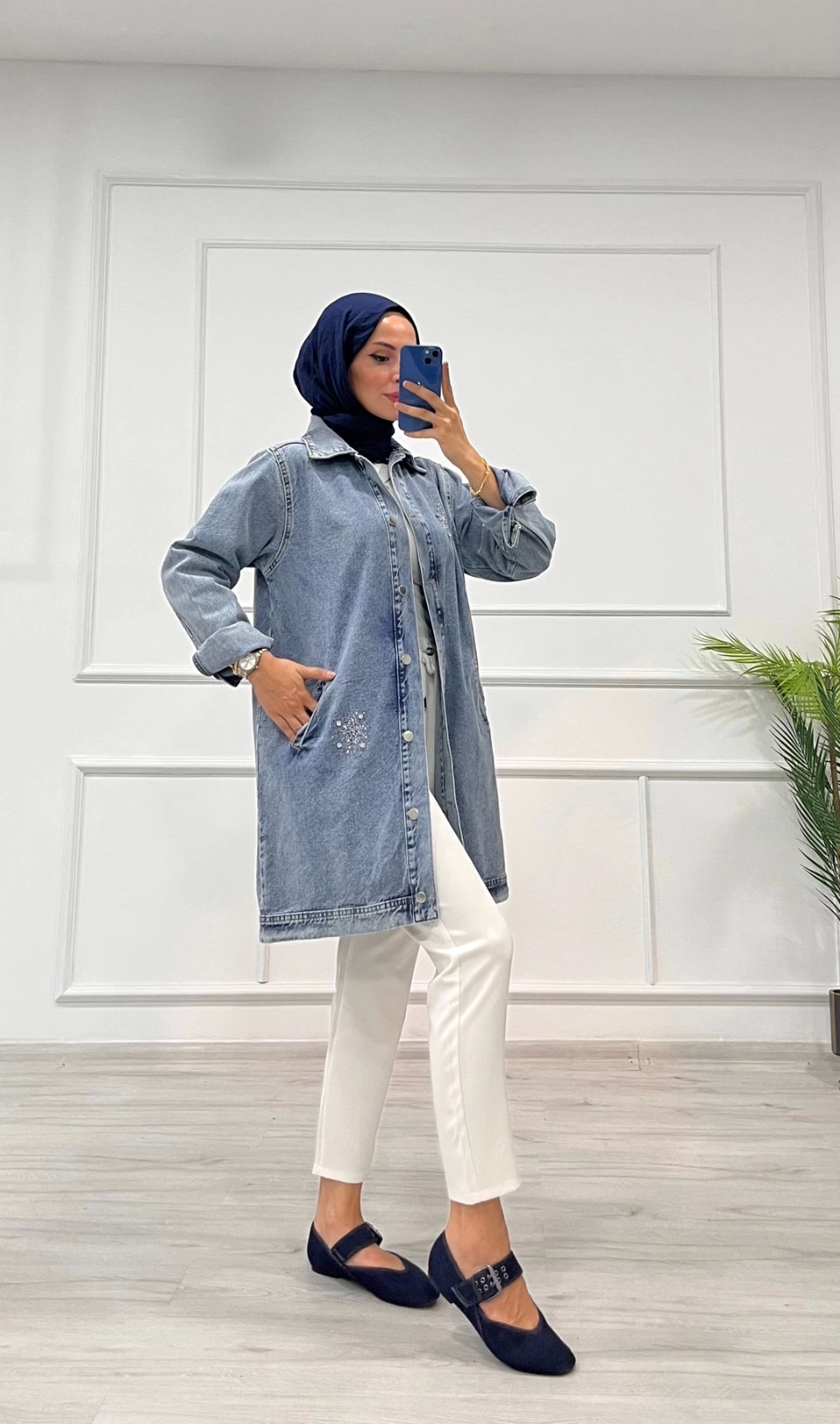 Taşlı tunik ceket kar yıkamalı mavi d2516 - Lisinya