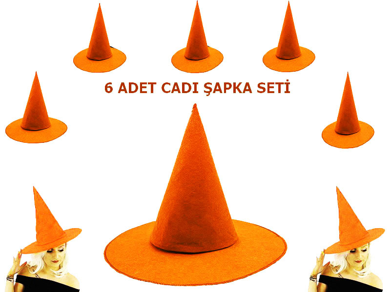 Turuncu Renk Keçe Cadı Şapkası Yetişkin Çocuk Uyumlu 6 Adet (Lisinya)