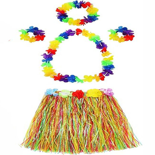 Yetişkin ve Çocuk Uyumlu Luau Aloha Hawaii  Kolye Renkli Etek Taç ve Bileklik Seti (Lisinya)