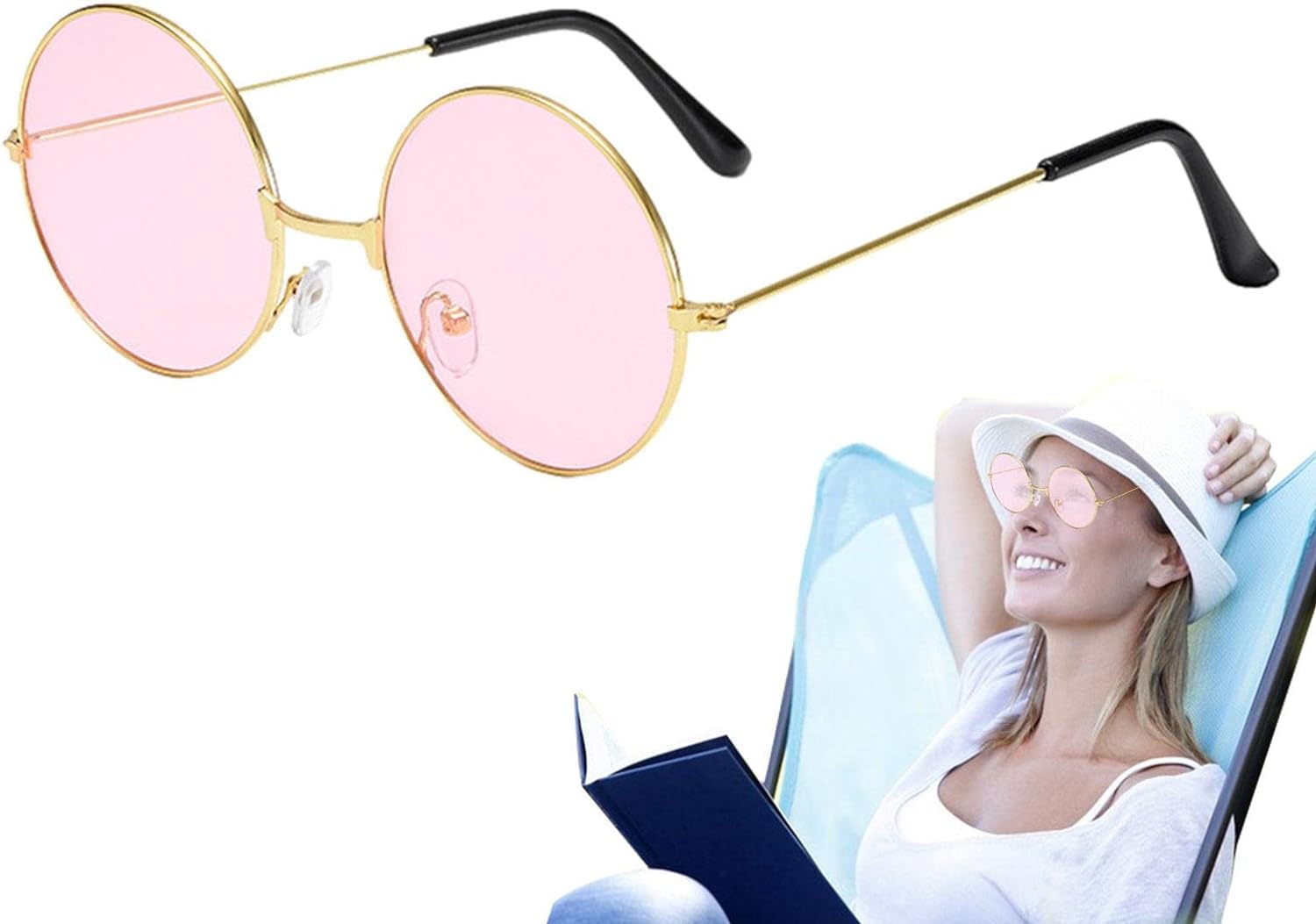 Yuvarlak Cam John Lennon Tarzı Hippi Gold Çerçeveli Pembe Gözlük (Lisinya)