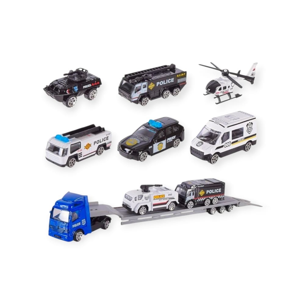 10 Parça Araç Taşıyan Tır Seti - Die Cast - DS047 - Polis (Lisinya)