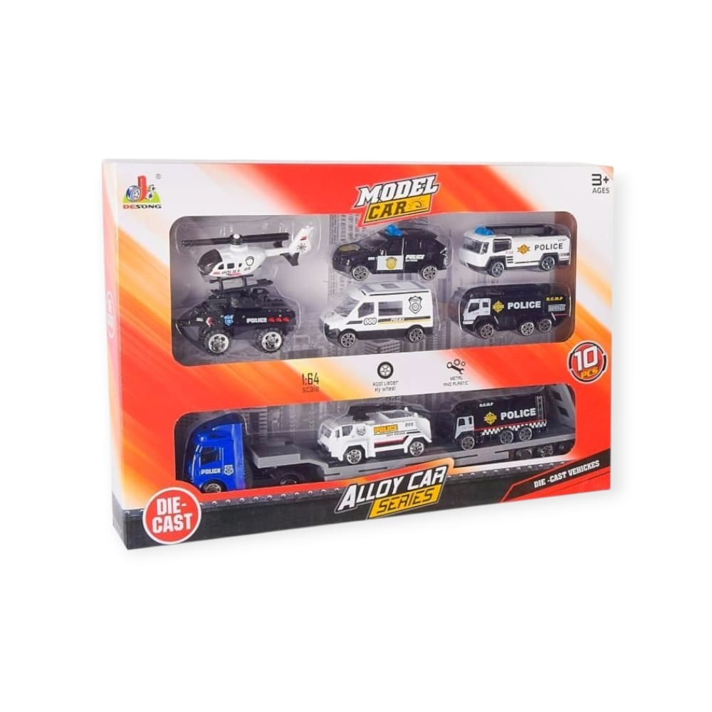 10 Parça Araç Taşıyan Tır Seti - Die Cast - DS047 - Polis (Lisinya)