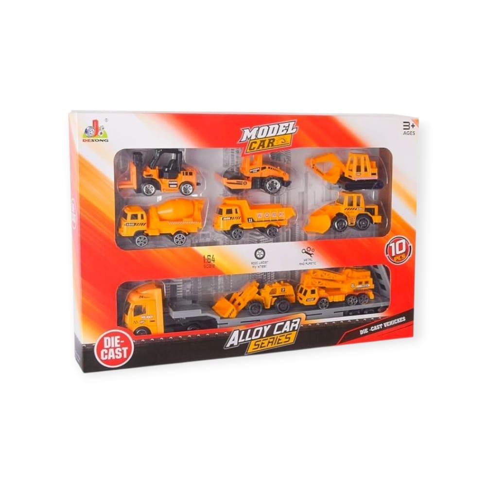 10 Parça Araç Taşıyan Tır Seti - Die Cast - DS047 - İnşaat (Lisinya)