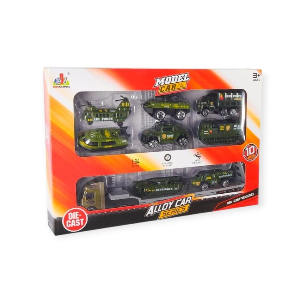 10 Parça Araç Taşıyan Tır Seti - Die Cast - DS047 - Askeri (Lisinya)