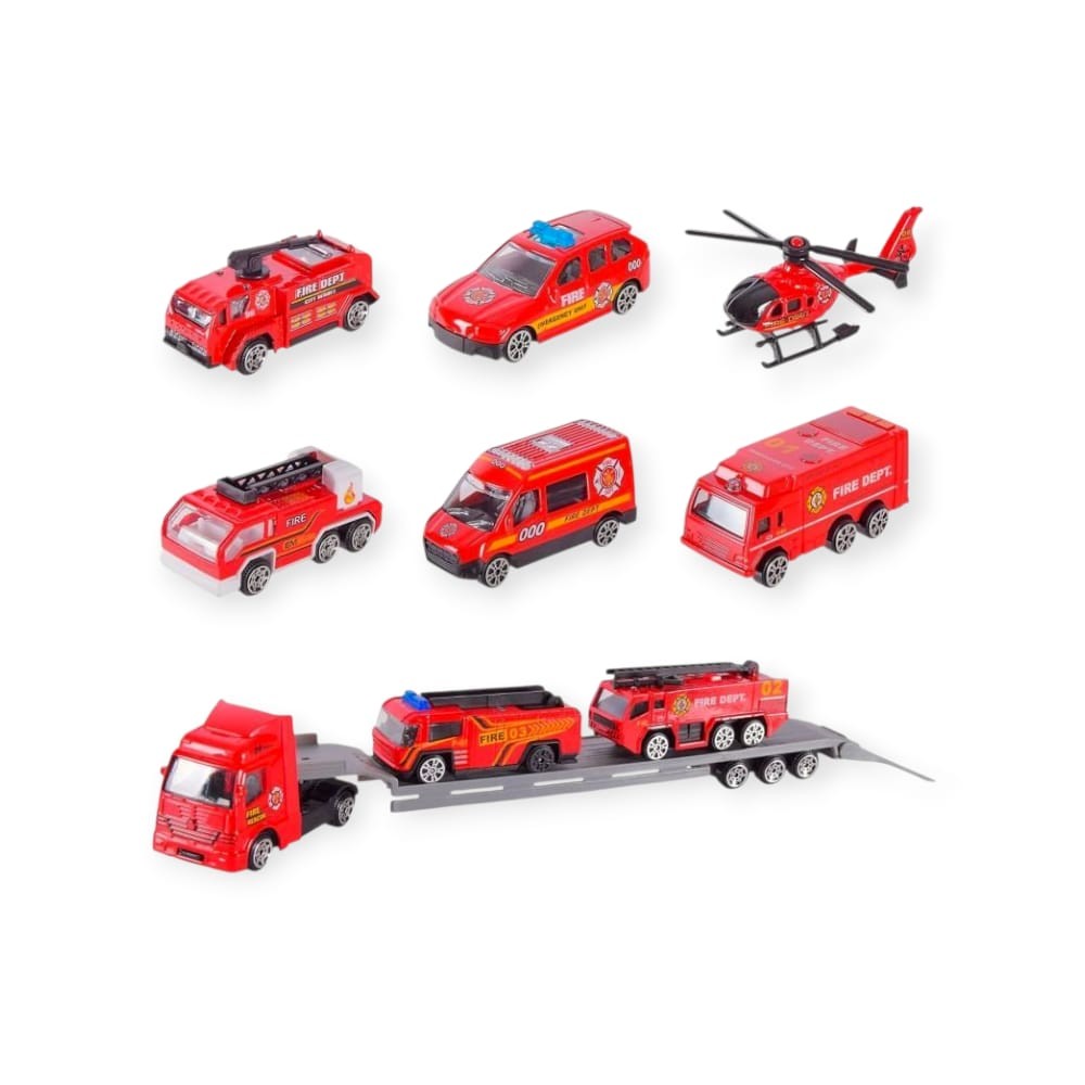 10 Parça Araç Taşıyan Tır Seti - Die Cast - DS047 - İtfaiye (Lisinya)