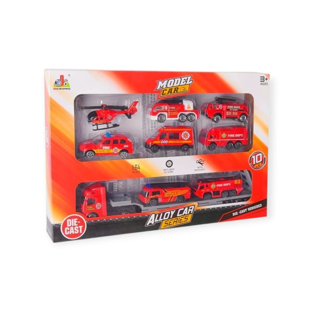 10 Parça Araç Taşıyan Tır Seti - Die Cast - DS047 - İtfaiye (Lisinya)