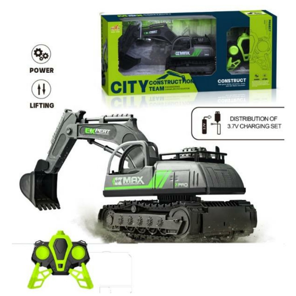 İş Makinaları Serisi - Şarjlı Uzaktan Kumandalı Excavator - Yeşil  (Lisinya)