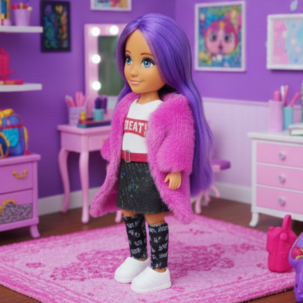 Ankiki Moda İkonu Bebek Figür 13 cm  - Mor Saçlı "Great" Stil (Etekli Kombin) (Lisinya)