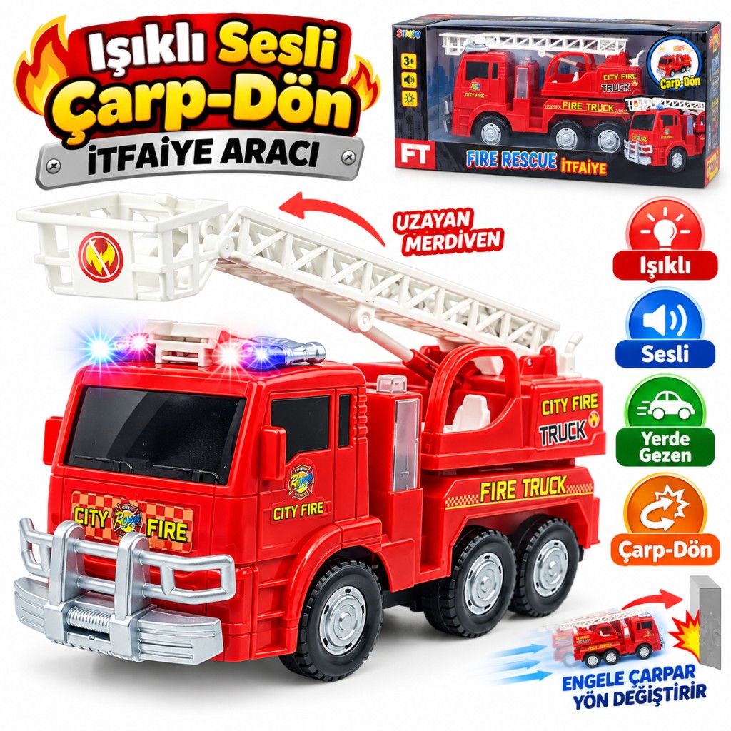 Merdivenli İtfaiye Aracı Işıklı Sesli Çarpıp Döner Kendi Gezer (Lisinya)