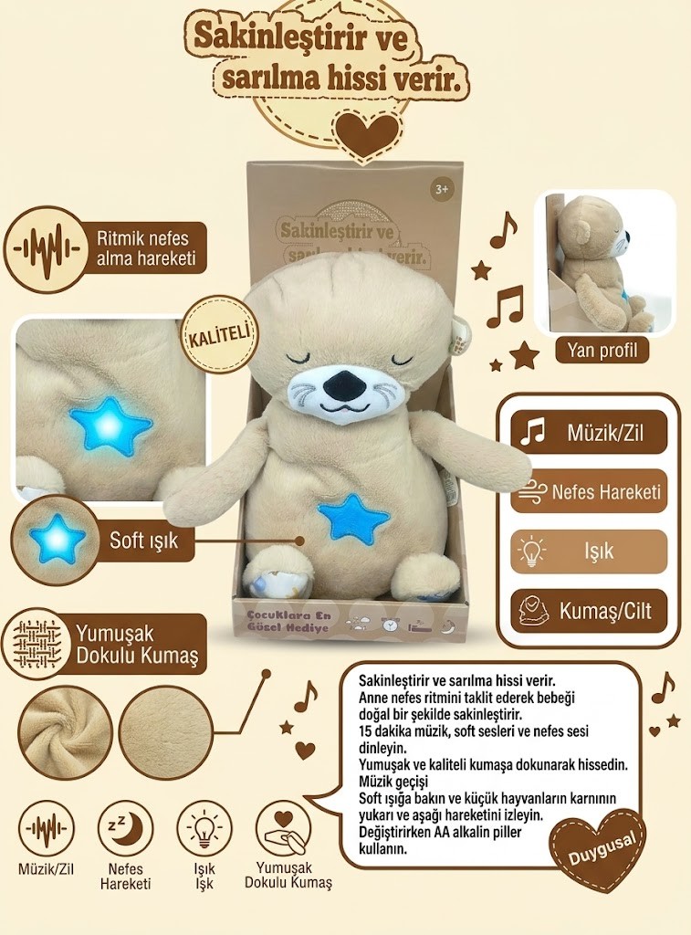 Nefes Alan Işıklı ve Müzikli Uyku Arkadaşı Peluş Su Samuru - Sakinleştirici Bebek Oyuncağı (Lisinya)