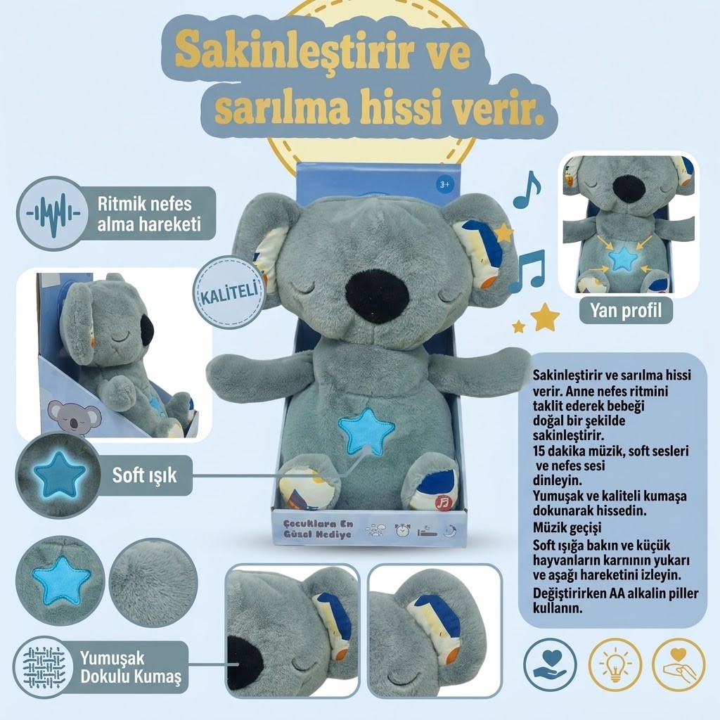 Nefes Alan Işıklı ve Müzikli Uyku Arkadaşı Peluş Koala - Sakinleştirici Bebek Oyuncağı (Lisinya)