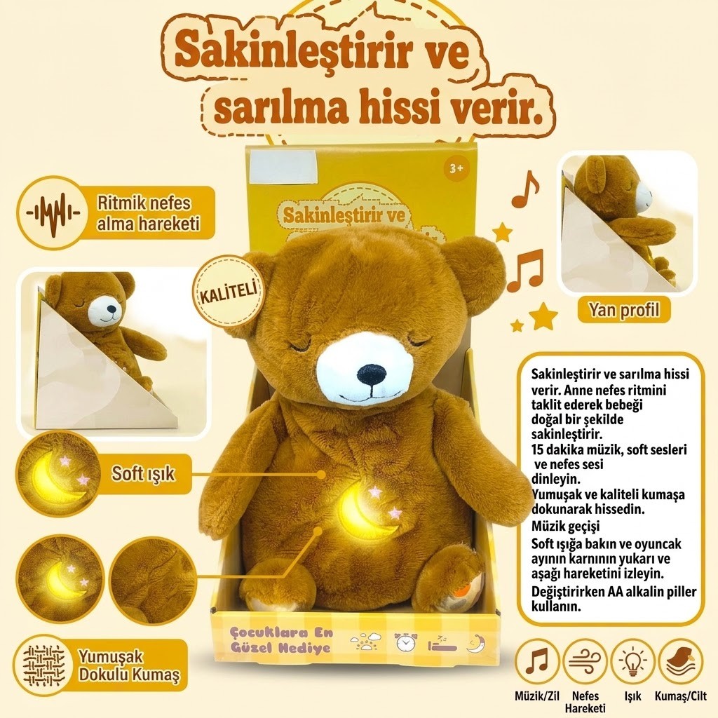 Nefes Alan Işıklı ve Müzikli Uyku Arkadaşı Peluş Ayı - Sakinleştirici Bebek Oyuncağı (Lisinya)