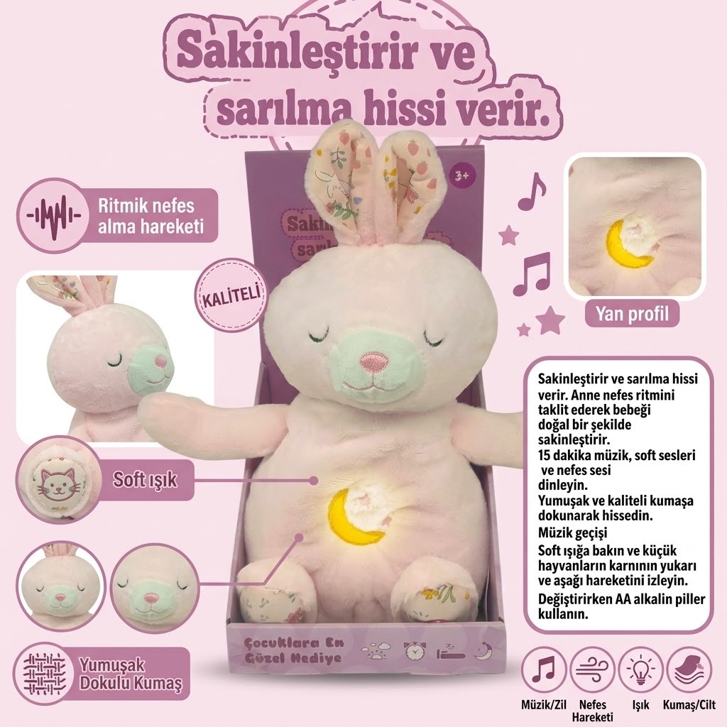 Nefes Alan Işıklı ve Müzikli Uyku Arkadaşı Peluş Tavşan- Sakinleştirici Bebek Oyuncağı (Lisinya)