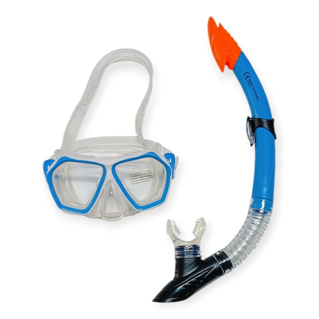 Tempered Camlı Premium Silikon Dalış Maskesi ve Snorkel Yetişkin - Mavi (Lisinya)