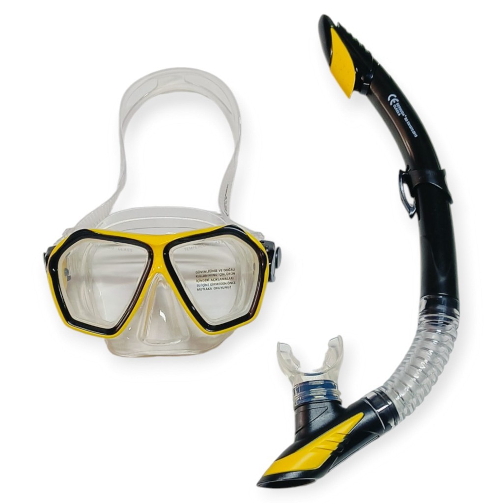 Tempered Camlı Premium Silikon Dalış Maskesi ve Snorkel Yetişkin - Sarı (Lisinya)