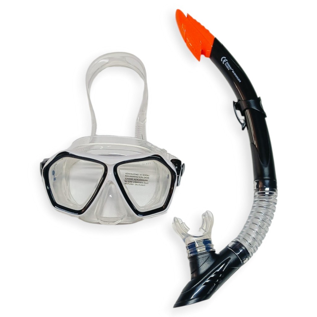 Tempered Camlı Premium Silikon Dalış Maskesi ve Snorkel Yetişkin - Siyah (Lisinya)