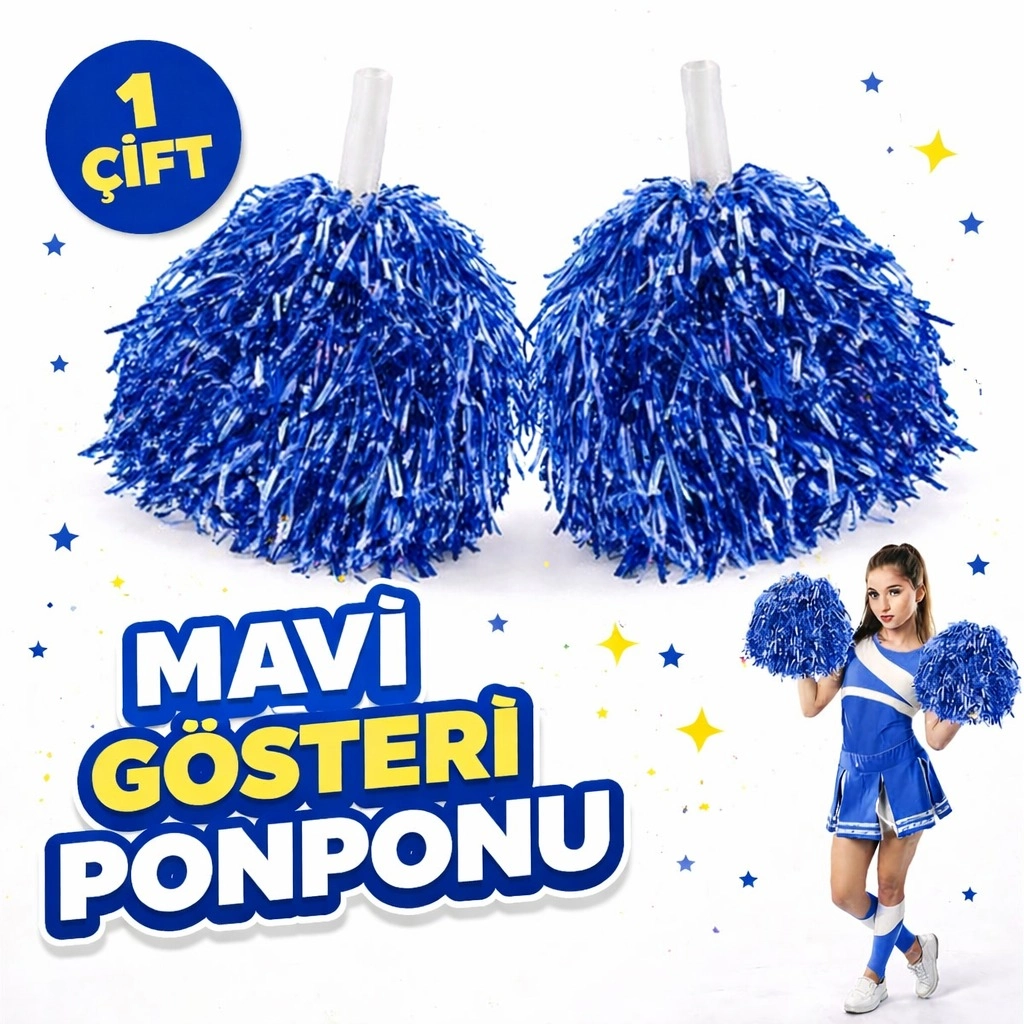 1 Çift Mavi Okul Gösteri Ponponları - Ekstra Dolgun ( Lisinya )