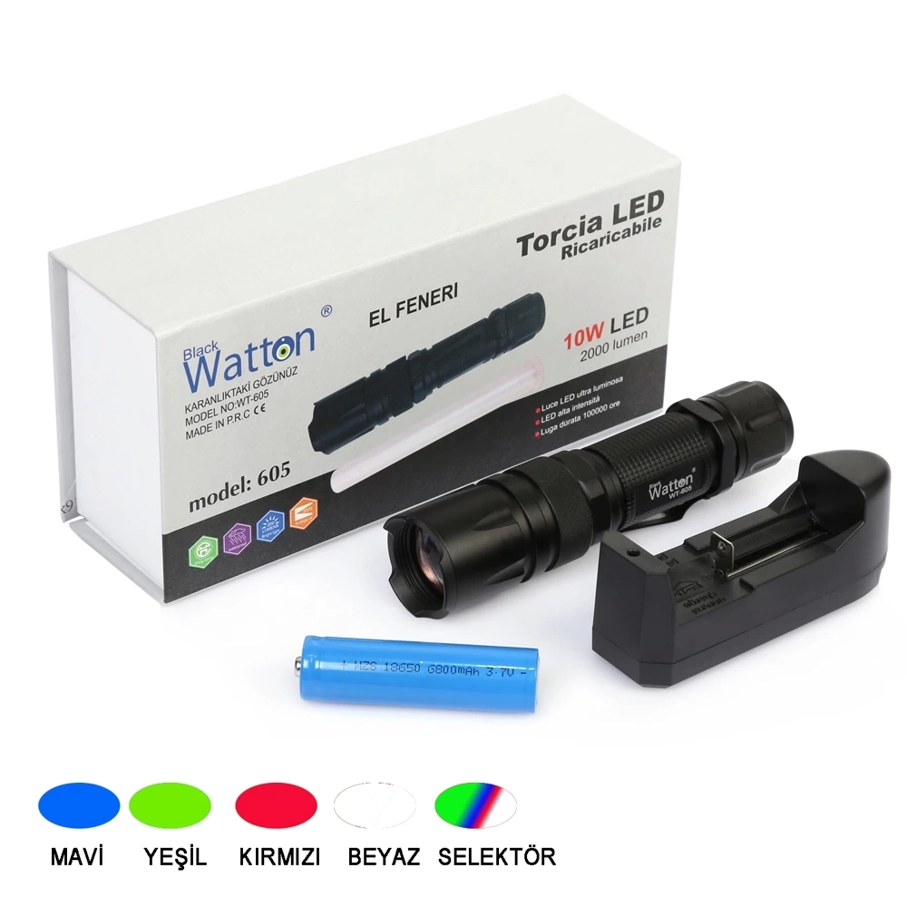 10w 2000 Lümen 4 Renk Güçlü El Feneri  Wt-605 ( Lisinya )