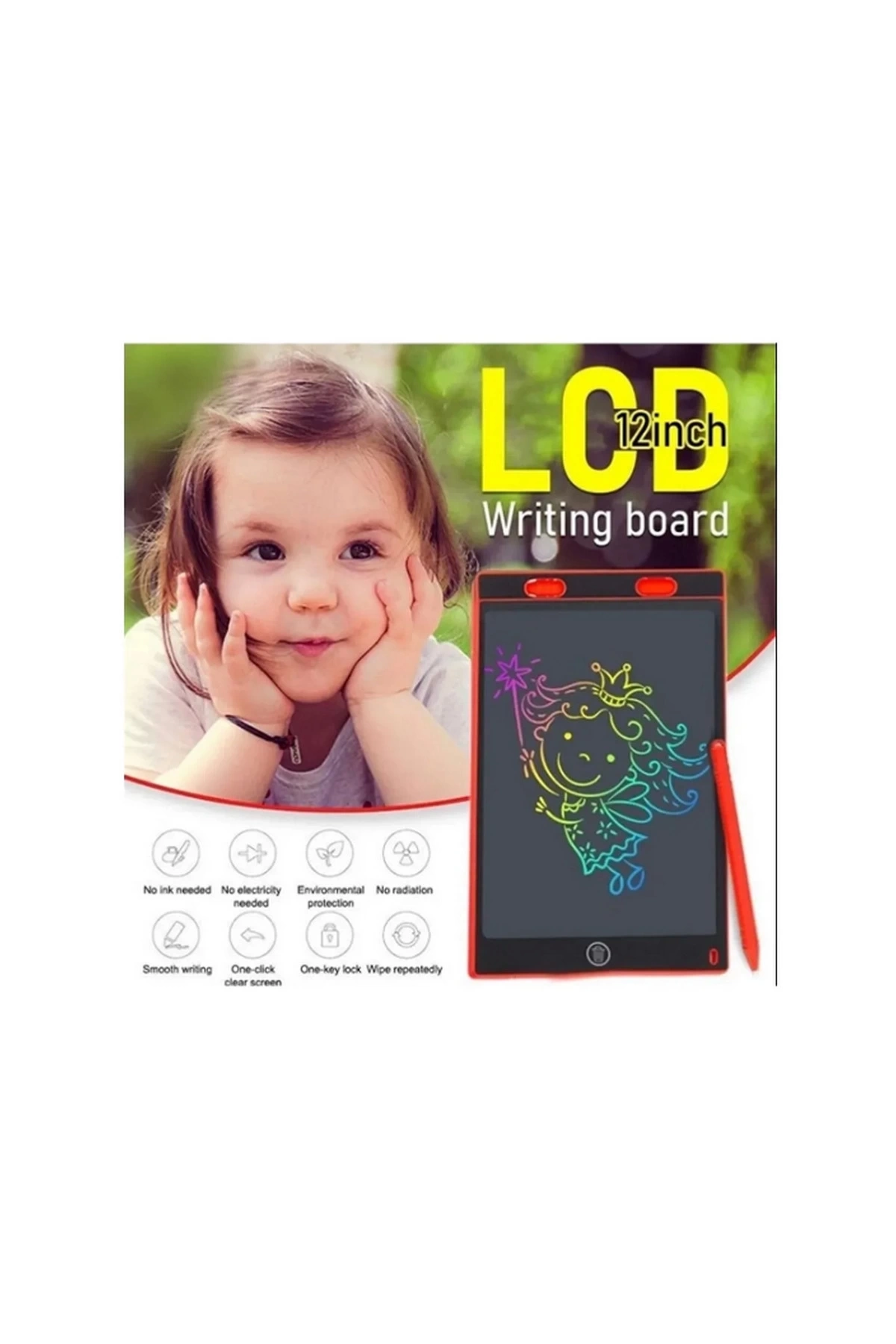 12 Inc Renkli Lcd Grafik Dijital Kalemli Çizim Tableti Yazı Tahta Not Yazma Eğitim Tableti Kırmızı ( Lisinya )