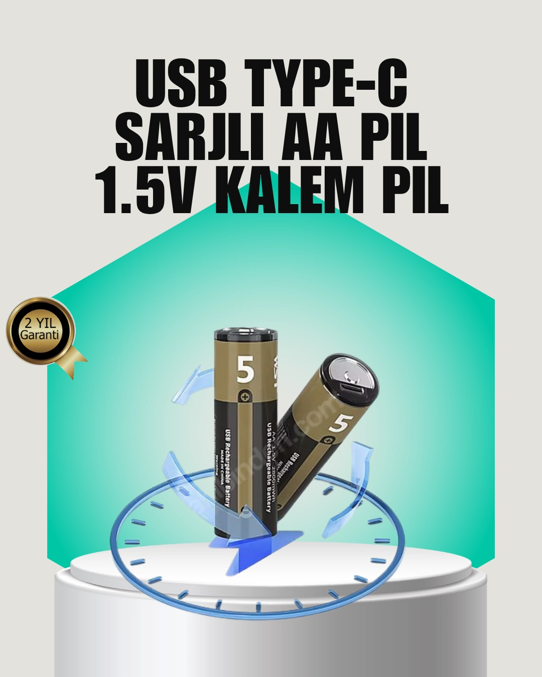 1.5v Aa Şarjlı Lityum Pil | 1000+ Kez Şarj Edilebilir | Hızlı Type-c Şarj (2 Adet) ( Lisinya )
