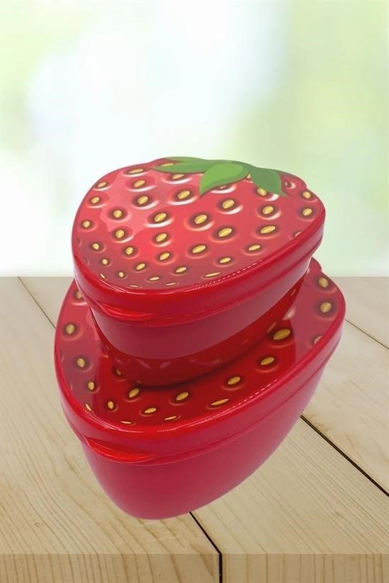 2'li İç İçe Geçebilen Çilek Model Saklama Ve Beslenme Kabı Seti (550 Ml + 250 Ml) ( Lisinya )