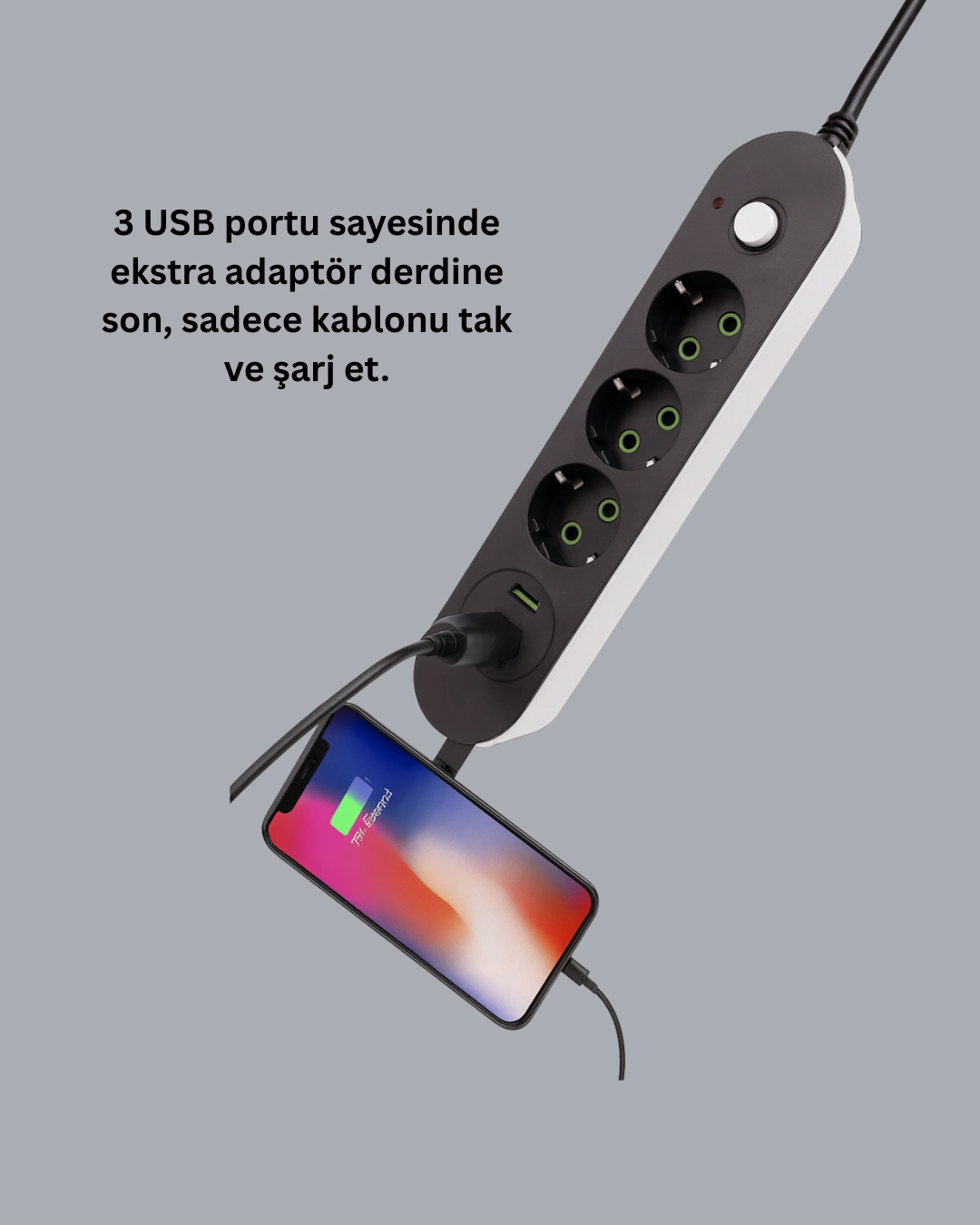 2 Metre Kablolu 3 Usb Portlu Anahtarlı Üçlü Priz ( Lisinya )