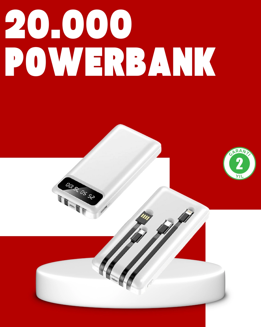 20.000mah Pd Powerbank Led Işık Lcd Ekran Dahili Kablo Çoklu Giriş ( Lisinya )