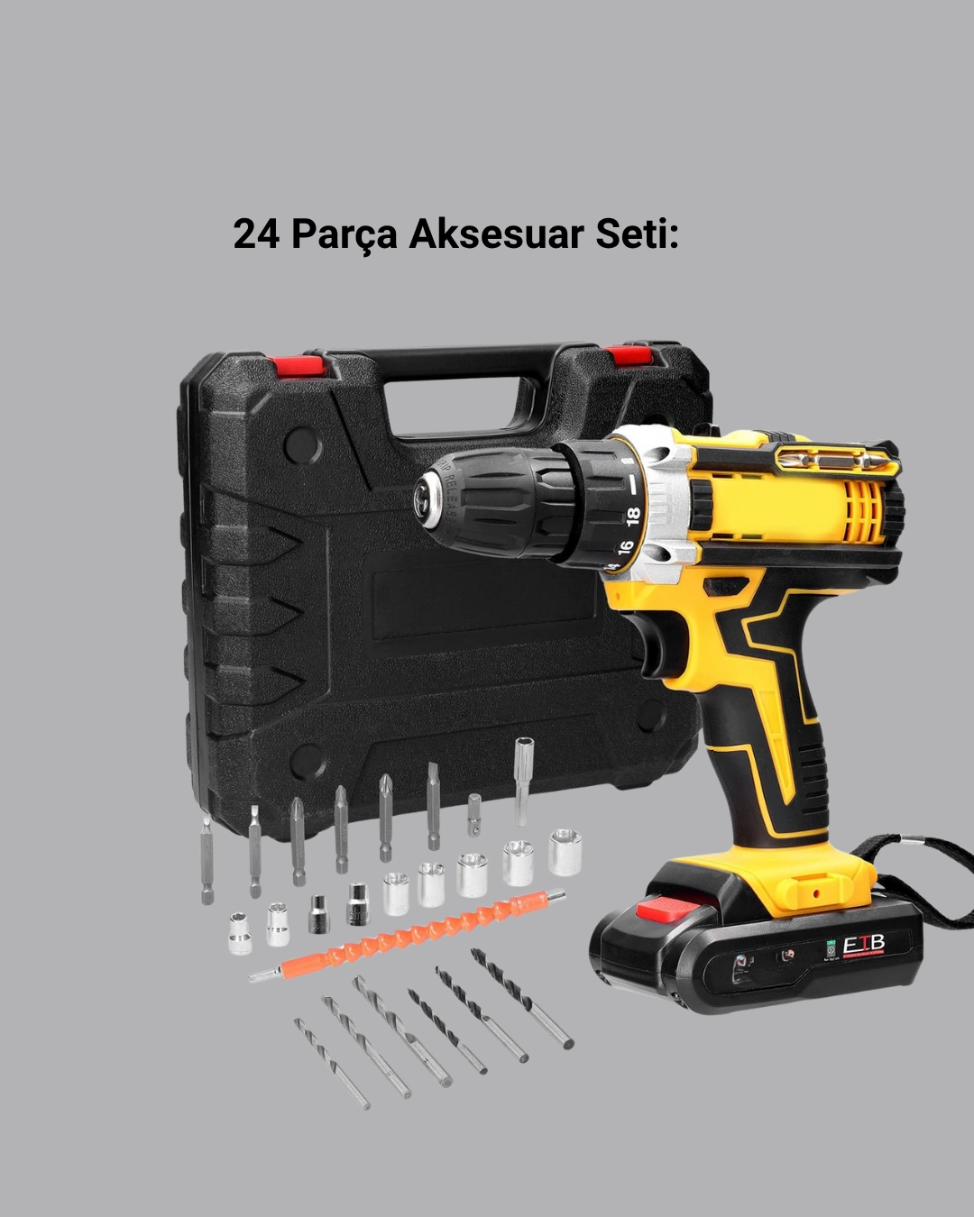 24 Parça Çift Bataryalı Akülü Darbeli Matkap – Güçlü Motor, Metal Dişli, Led Işıklı ( Lisinya )