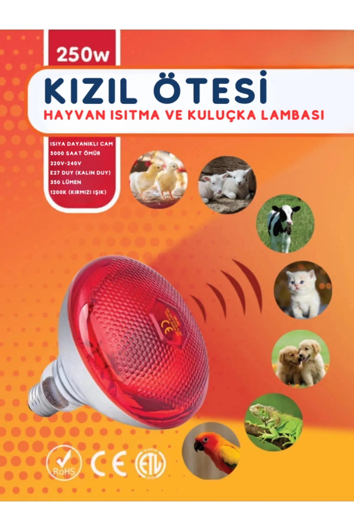 250W Kızılötesi (infrared) Isıtıcılı Hayvan Isıtma ve Kuluçka Lambası (Kırmızı Işık) E27 (Kalın Duy) ( Lisinya )