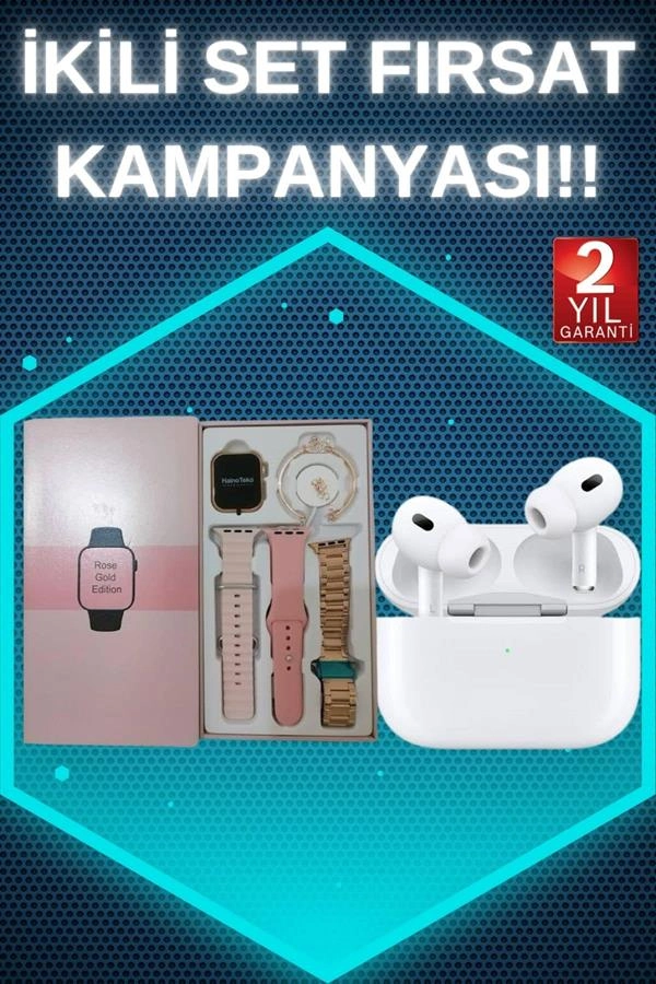 3 Kordonlu Pembe Amoled Ekran Akıllı Saat Ve Yeni Nesil Pro Kablosuz Bluetooth Kulaklık Anc/enc ( Lisinya )