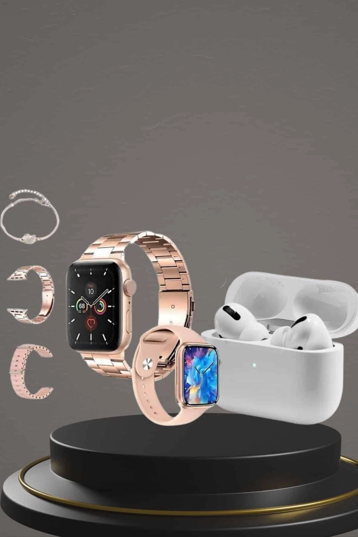 3 Kordonlu Pembe Amoled Ekran Akıllı Saat Ve Yeni Nesil Pro Kablosuz Bluetooth Kulaklık Anc/enc ( Lisinya )