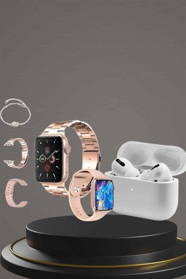 3 Kordonlu Pembe Amoled Ekran Akıllı Saat Ve Yeni Nesil Pro Kablosuz Bluetooth Kulaklık Anc/enc ( Lisinya )