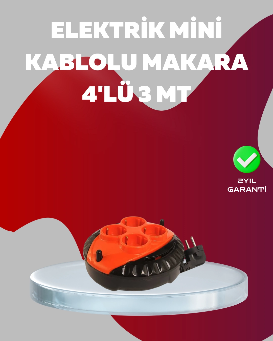 3 Metre Kablolu 4’lü Kırmızı Priz Makara ( Lisinya )