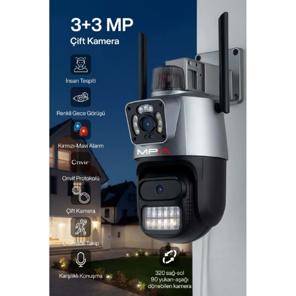 3 Mp + 3 Mp Çift Lens Wi-fi Tf Kart Girişli Güvenlik Kamerası ( Lisinya )