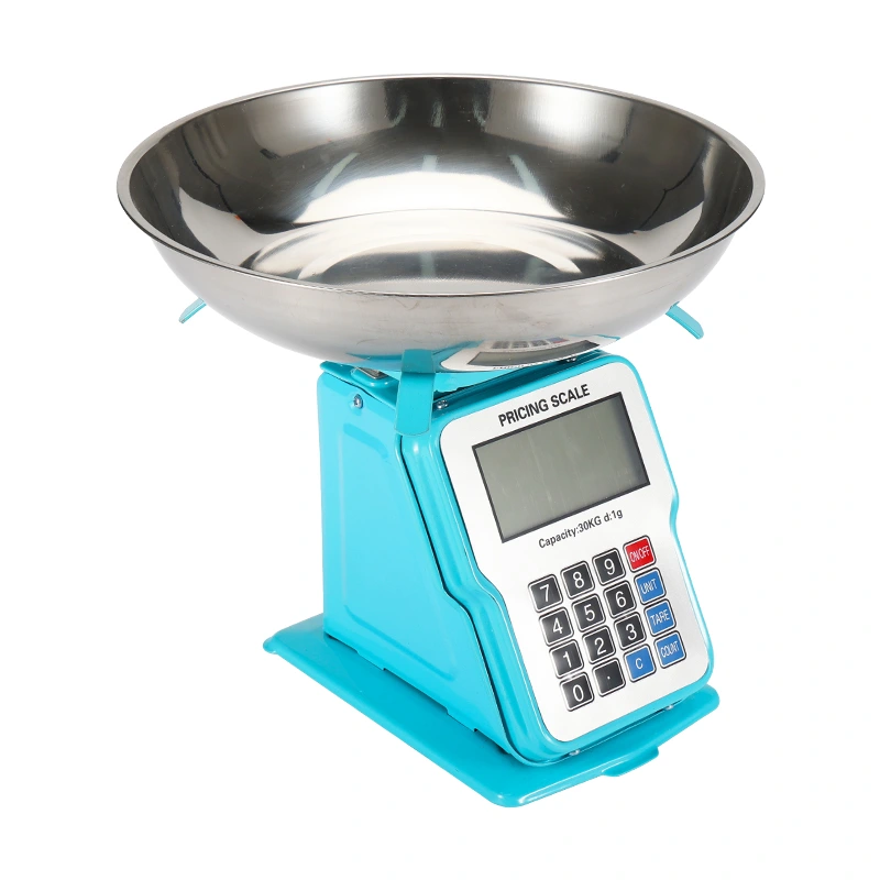 30kg 1g Dijital Kefeli Terazi Pilli Ve Adaptörlü Elektronik Tartı, Paslanmaz Çelik Tepsili Tutar Hesaplama Mavi ( Lisinya )