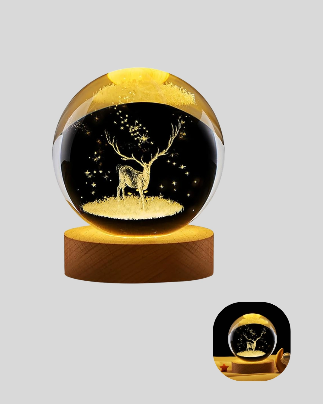 3d Geyik Desenli Kristal Küre Usb Işıklı Ahşap Tabanlı Oda Lambası ( Lisinya )