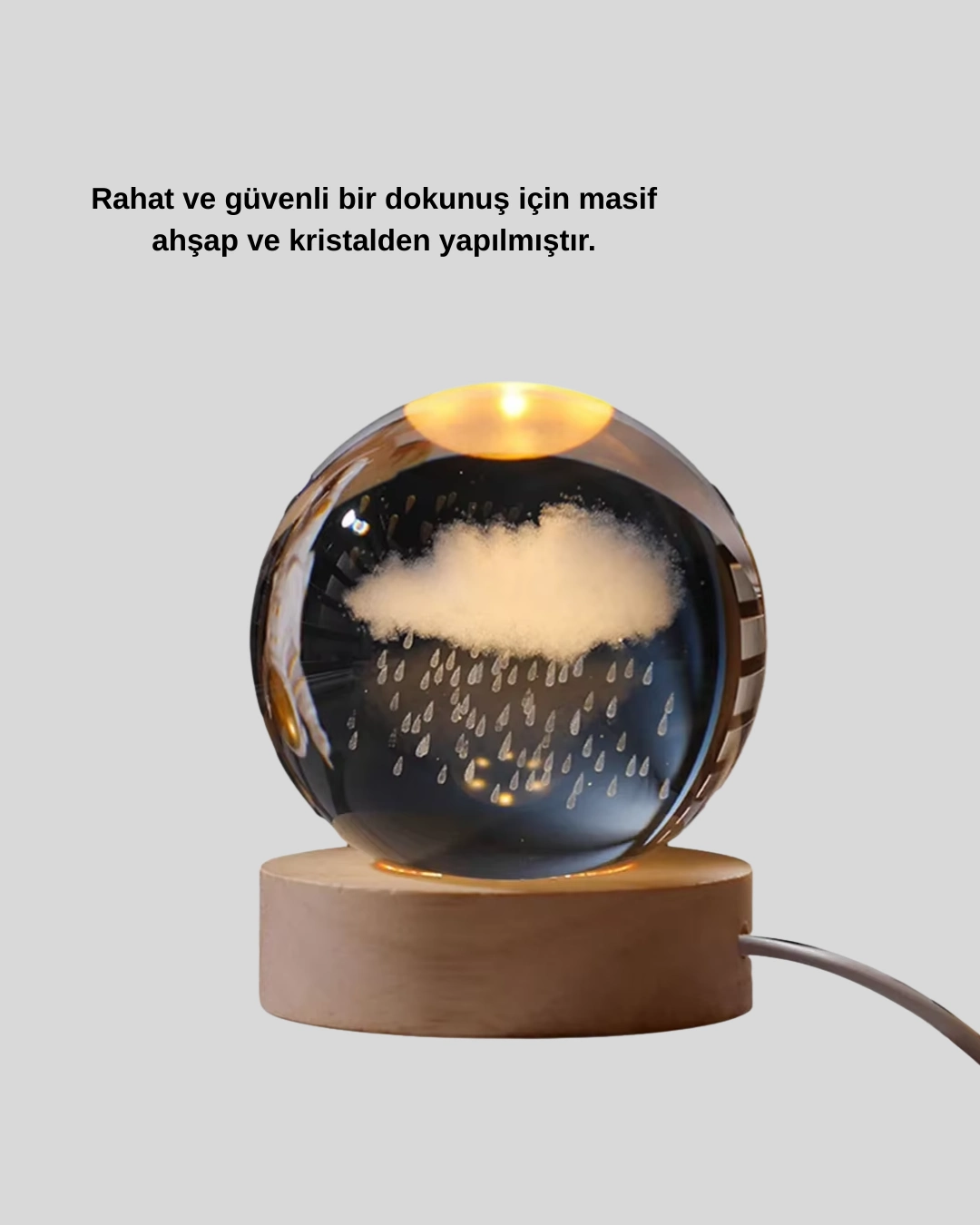 3d Yağmur Bulutu Desenli Kristal Top Usb Gece Lambası Ahşap Tabanlı Dekoratif Lamba ( Lisinya )