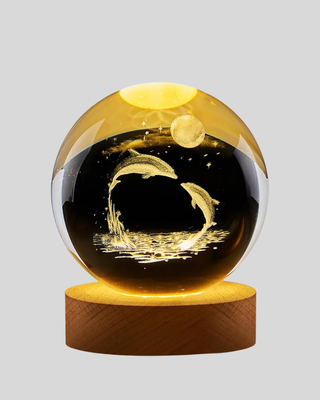 3d Yunus Desenli Kristal Küre Ahşap Tabanlı Işıklı Dekor Objesi ( Lisinya )