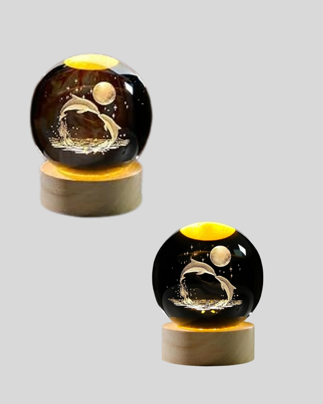 3d Yunus Desenli Kristal Küre Ahşap Tabanlı Işıklı Dekor Objesi ( Lisinya )