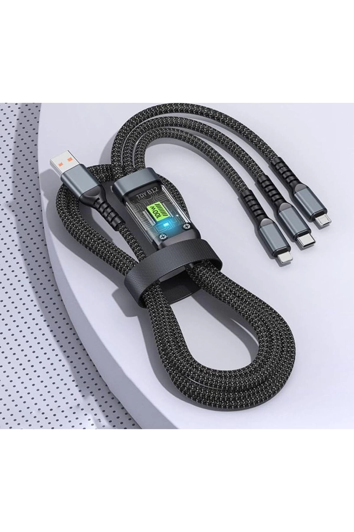 3in1 100w Hızlı Şarj Ve Data Kablosu, 1.2m Halat Örgü Kırılmaz Uç, Usb-c Lightning Micro Uyumlu, Dayanıklı Çoklu Cihaz Şarj Kablosu ( Lisinya )