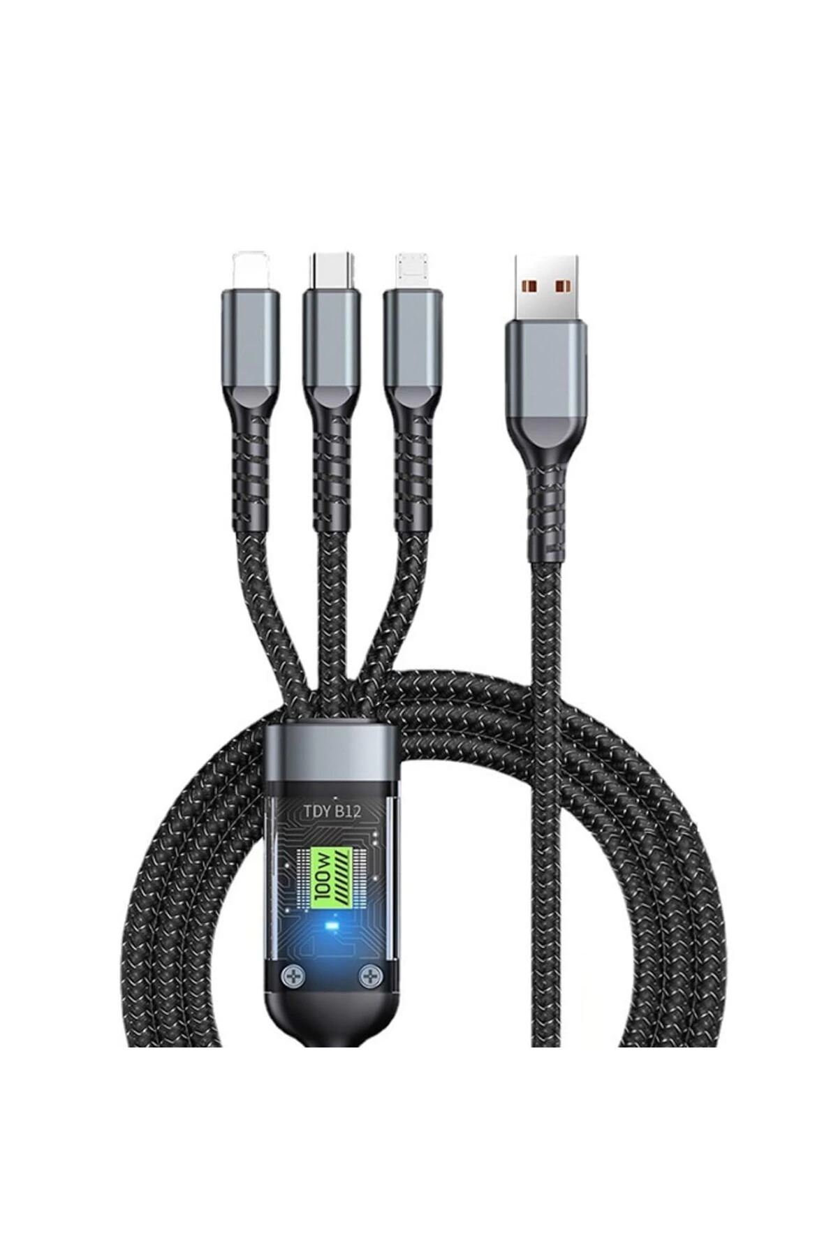 3in1 100w Hızlı Şarj Ve Data Kablosu, 1.2m Halat Örgü Kırılmaz Uç, Usb-c Lightning Micro Uyumlu, Dayanıklı Çoklu Cihaz Şarj Kablosu ( Lisinya )