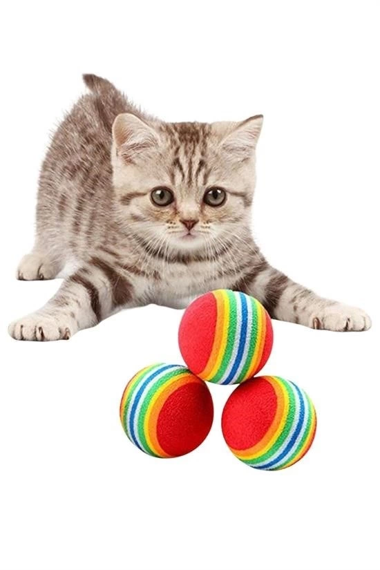 ® 3lü Gökkuşağı Sünger Kedi Köpek Çiğneme Oyun Topu 4,2 Cm ( Lisinya )