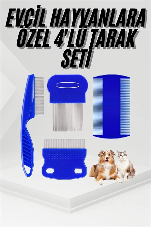 4'lü Bit Pire Tarağı Set Kedi Köpek Evcil Hayvan Tüy Toplayıcı Mavi ( Lisinya )